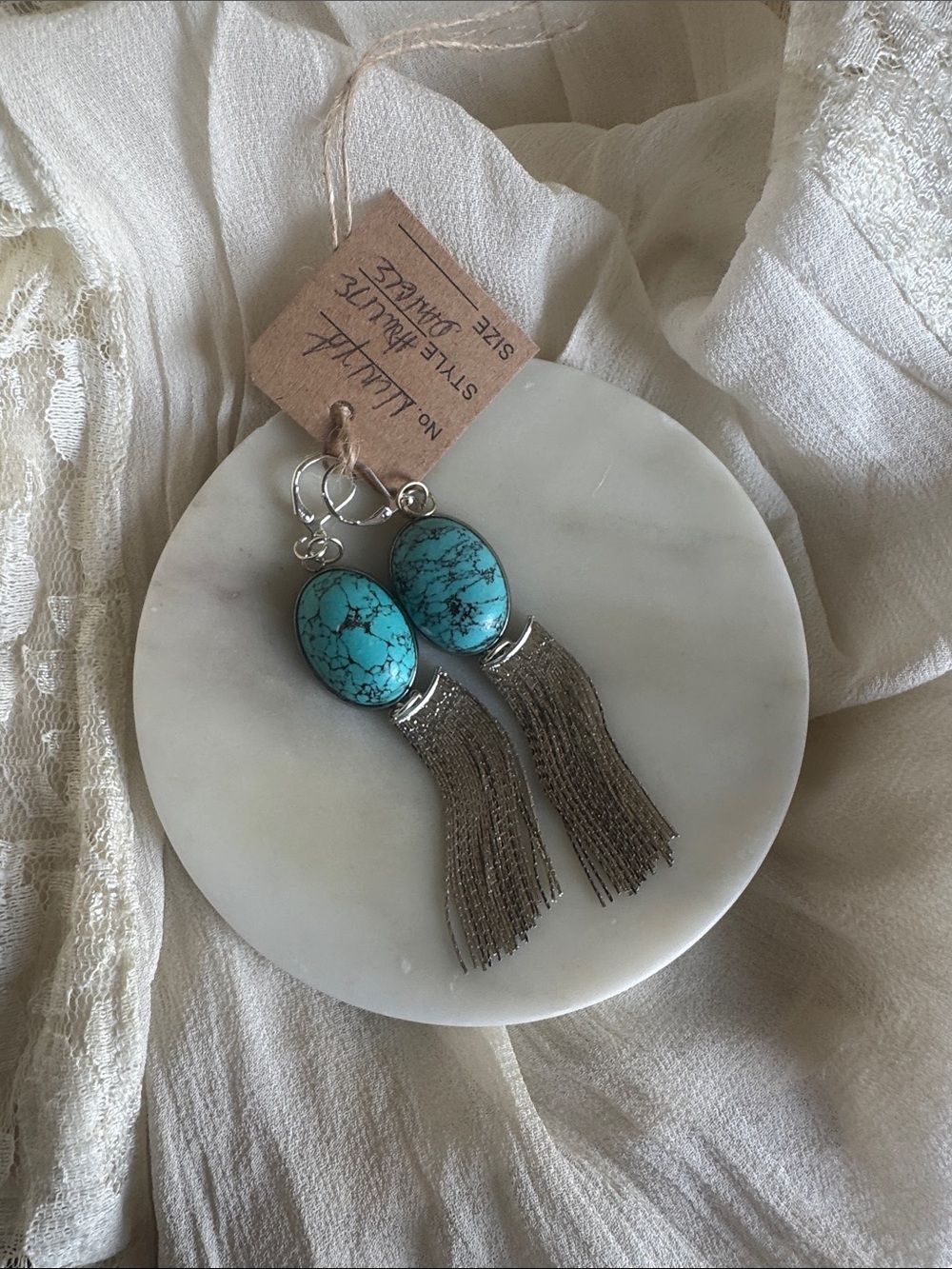 Howlite Turquoise Color Stone Silver Tassel Earrings